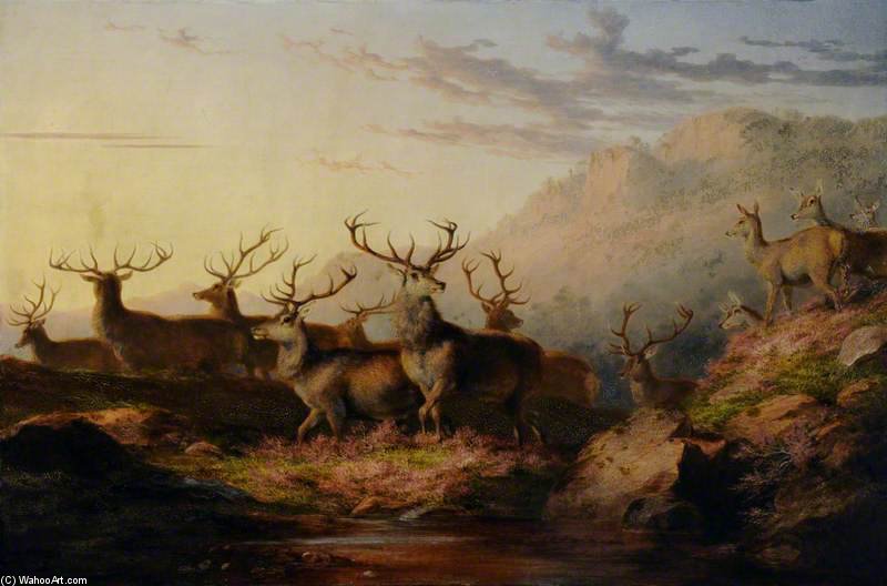 WikiOO.org - Encyclopedia of Fine Arts - Festés, Grafika James William Giles - Stags On The Highlands