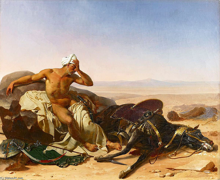 Wikioo.org - The Encyclopedia of Fine Arts - Painting, Artwork by Jean Baptiste Mauzaisse - L'arabe Pleurant Son Coursier