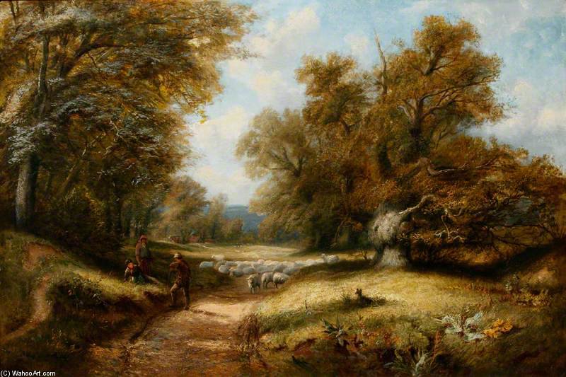 Wikioo.org - The Encyclopedia of Fine Arts - Painting, Artwork by John Linnell - Landscape With A Shepherd On A Road Through Trees