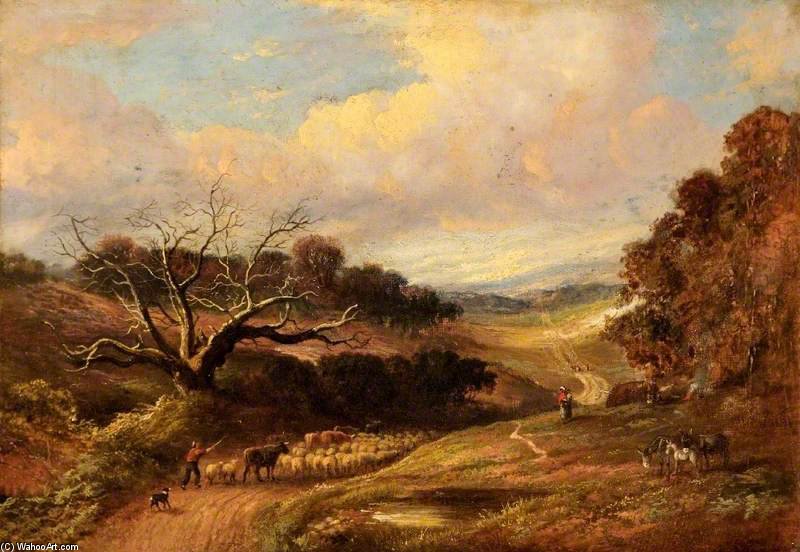 Wikioo.org - The Encyclopedia of Fine Arts - Painting, Artwork by John Linnell - Sheep And Cattle Droving