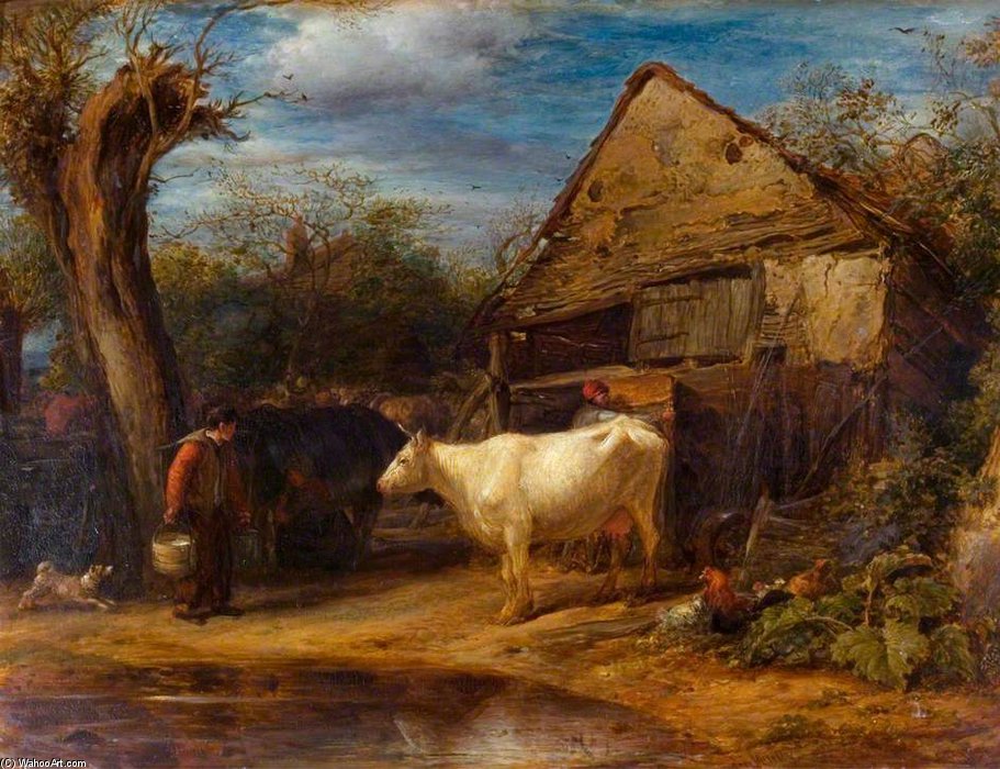 Wikoo.org - موسوعة الفنون الجميلة - اللوحة، العمل الفني John Linnell - The Cow Yard