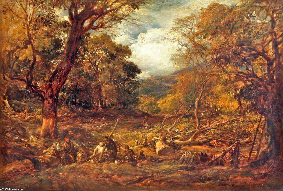 WikiOO.org - Encyclopedia of Fine Arts - Lukisan, Artwork John Linnell - Woodcutters In A Forest Valley