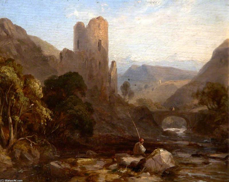 Wikioo.org - The Encyclopedia of Fine Arts - Painting, Artwork by John Sell Cotman - A Man Fishing In A Stream By A Ruined Castle