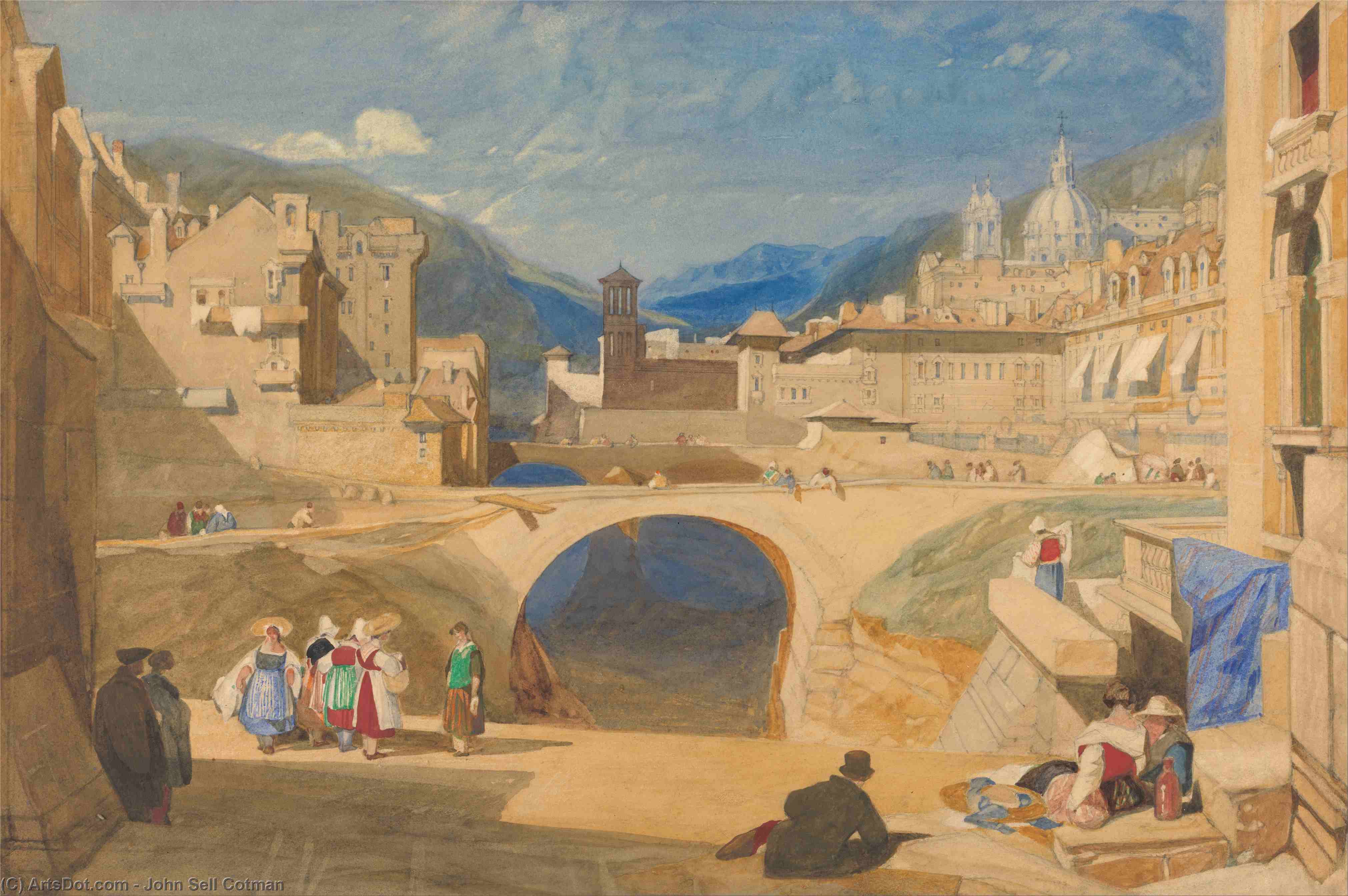 Wikioo.org - The Encyclopedia of Fine Arts - Painting, Artwork by John Sell Cotman - Bridge In A Continental Town