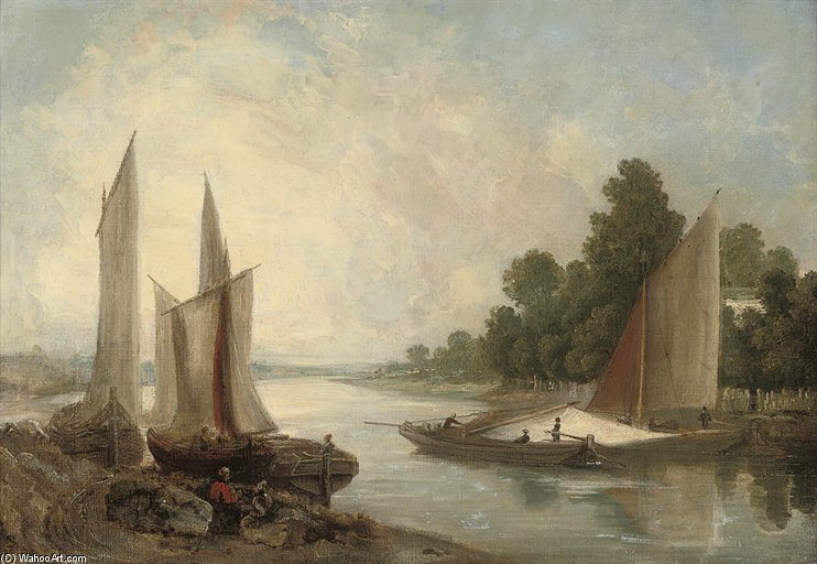 Wikioo.org - The Encyclopedia of Fine Arts - Painting, Artwork by John Sell Cotman - Hoisting Sail On A River Bend