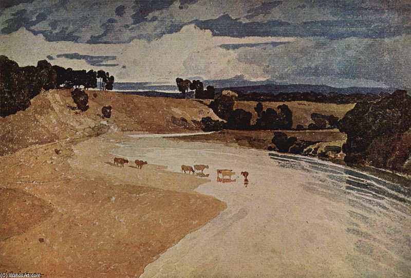 Wikioo.org - The Encyclopedia of Fine Arts - Painting, Artwork by John Sell Cotman - River Landscape With Cattle Herd