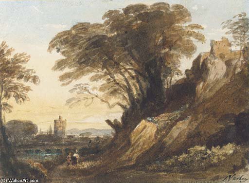 Wikioo.org - The Encyclopedia of Fine Arts - Painting, Artwork by John Varley I (The Older) - A Landscape With A River And A Castle On A Cliff