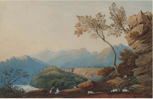 Wikioo.org - The Encyclopedia of Fine Arts - Painting, Artwork by John Varley I (The Older) - Figures And Sheep Before A Viaduct