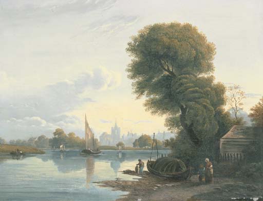 WikiOO.org - Encyclopedia of Fine Arts - Schilderen, Artwork John Varley I (The Older) - Figures On The Bank Of The River Thames