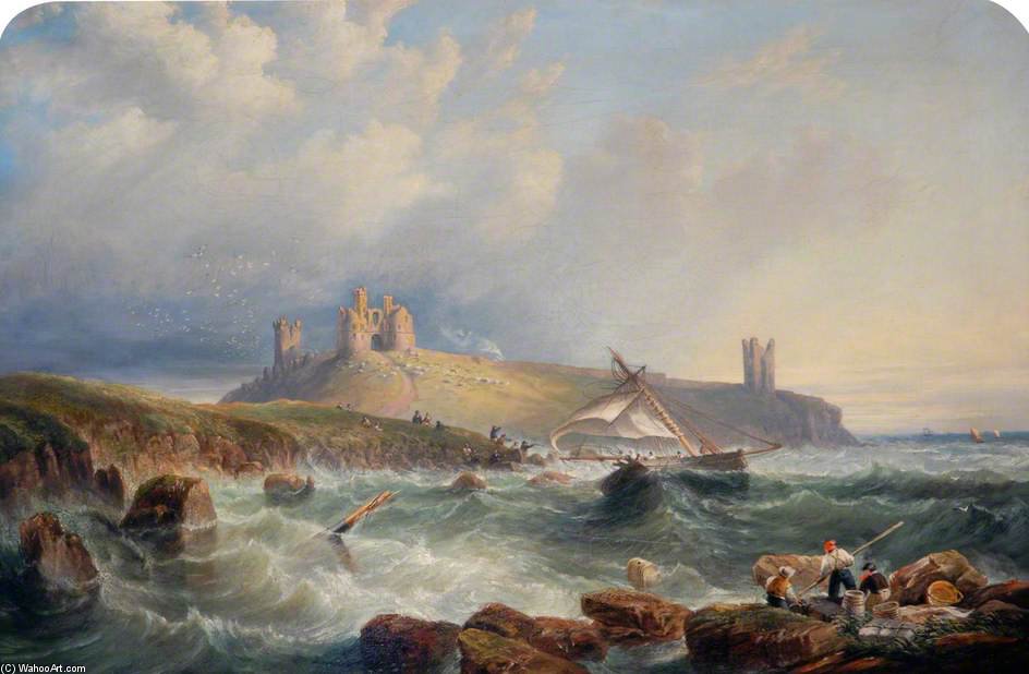 WikiOO.org - Encyclopedia of Fine Arts - Maleri, Artwork John Wilson Carmichael - A Cutter In Distress To The South Of Dunstanburgh Castle, Northumberland
