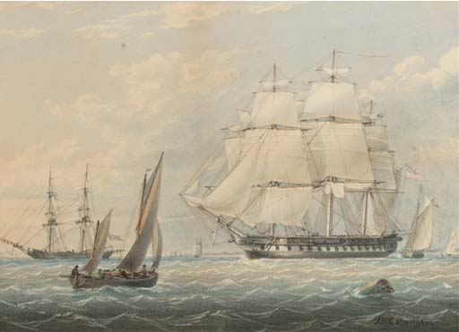 Wikoo.org - موسوعة الفنون الجميلة - اللوحة، العمل الفني John Wilson Carmichael - A Royal Naval Frigate Amidst Other Shipping At Spithead