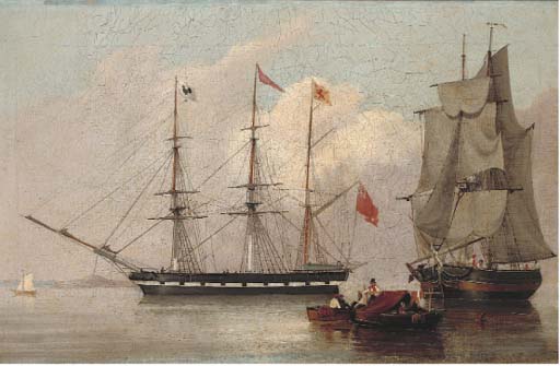 Wikioo.org - The Encyclopedia of Fine Arts - Painting, Artwork by John Wilson Carmichael - Drifting Into Harbour Past An Armed Merchantman