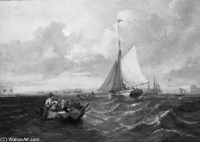 Wikioo.org - The Encyclopedia of Fine Arts - Painting, Artwork by John Wilson Carmichael - Ferrying Across The Harbour Mouth At Portsmouth