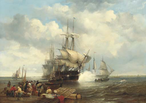 WikiOO.org - Encyclopedia of Fine Arts - Malba, Artwork John Wilson Carmichael - Four Indiamen Preparing To Leave The Lower Thames With Passengers Embarking In The Foreground