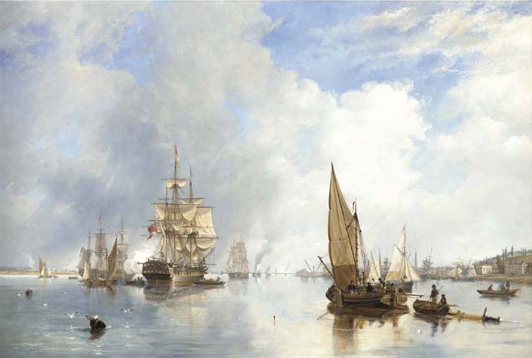 Wikioo.org - The Encyclopedia of Fine Arts - Painting, Artwork by John Wilson Carmichael - On The Thames At Woolwich, With The Buckinghamshire Indiaman Going Down The River
