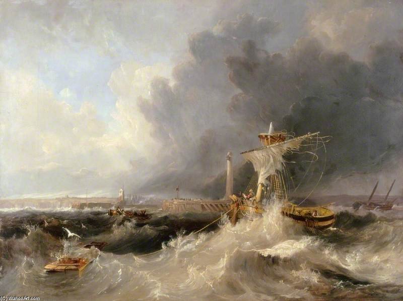 Wikioo.org - The Encyclopedia of Fine Arts - Painting, Artwork by John Wilson Carmichael - Sunderland Old Pier And Lighthouse With Ryhope Church In The Distance
