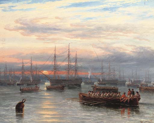 WikiOO.org - Εγκυκλοπαίδεια Καλών Τεχνών - Ζωγραφική, έργα τέχνης John Wilson Carmichael - Sunrise In The Baltic Off Cronstadt