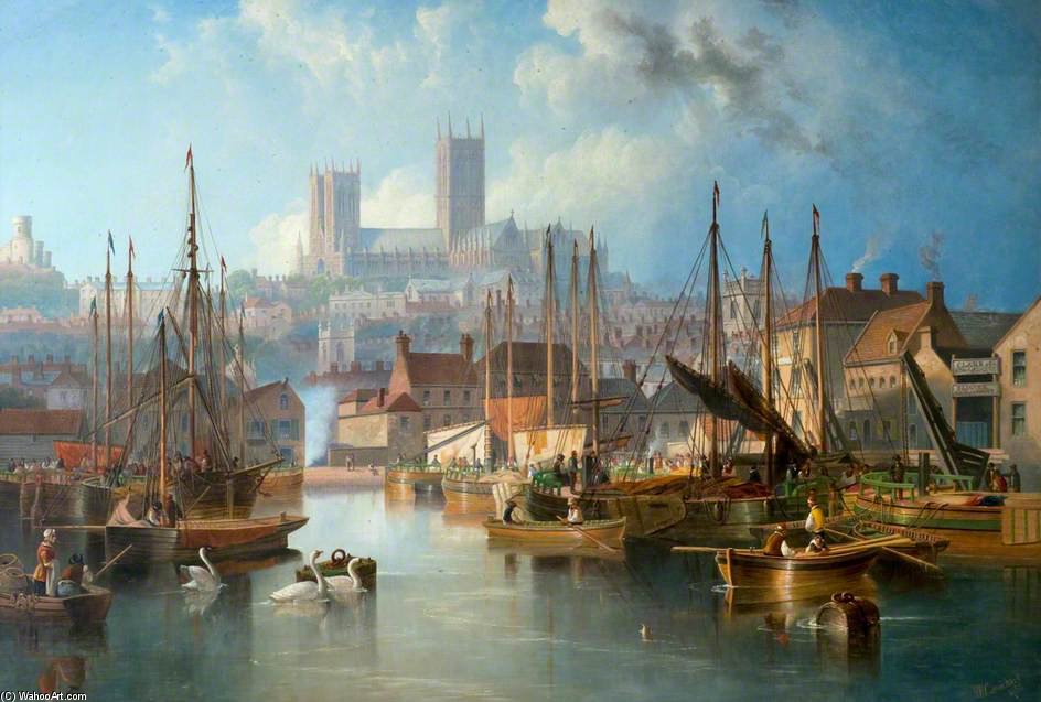 Wikioo.org - The Encyclopedia of Fine Arts - Painting, Artwork by John Wilson Carmichael - The Brayford Pool And Lincoln Cathedral