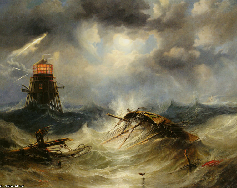 Wikioo.org - The Encyclopedia of Fine Arts - Painting, Artwork by John Wilson Carmichael - The Irwin Lighthouse, Storm Raging