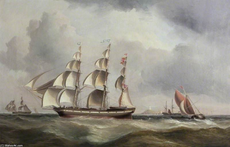 WikiOO.org - אנציקלופדיה לאמנויות יפות - ציור, יצירות אמנות John Wilson Carmichael - Three-masted Ship Near A Lighthouse