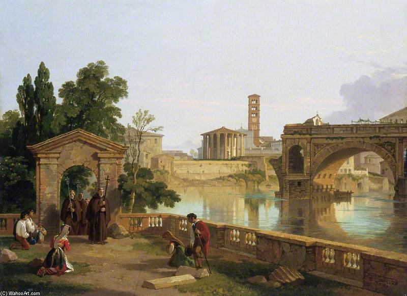 WikiOO.org - Εγκυκλοπαίδεια Καλών Τεχνών - Ζωγραφική, έργα τέχνης Penry Williams - The Tiber With The Temple Of Vesta, Santa Maria