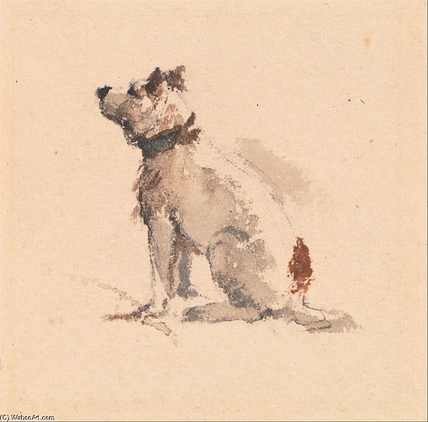 Wikioo.org - The Encyclopedia of Fine Arts - Painting, Artwork by Peter De Wint - A Terrier, Sitting Facing Left