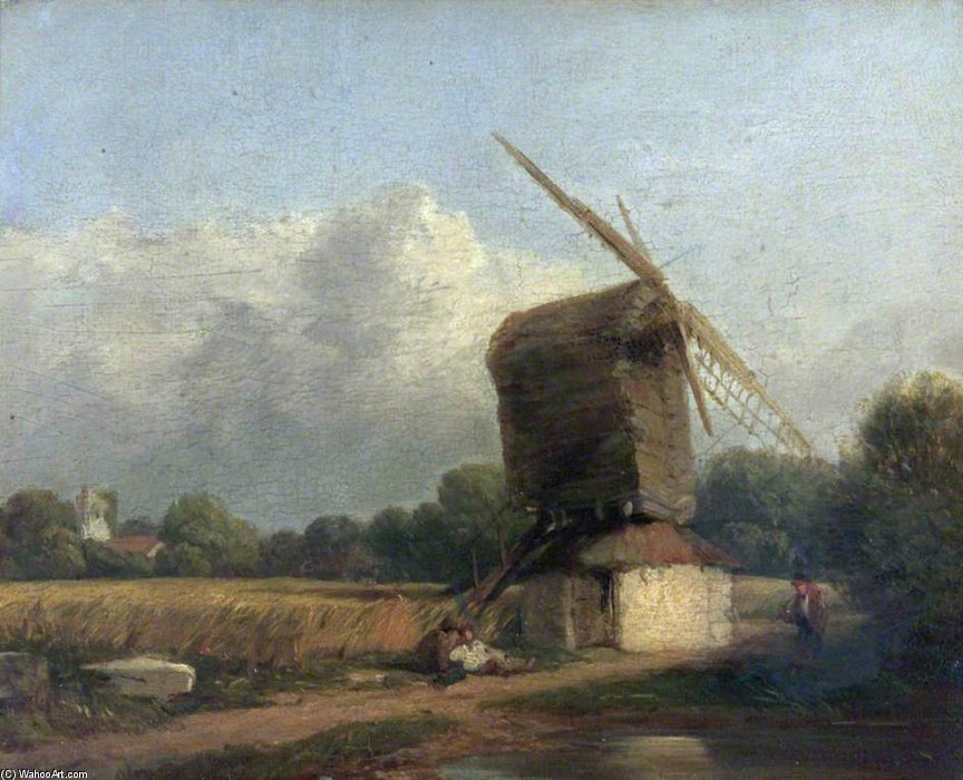 WikiOO.org - Encyclopedia of Fine Arts - Schilderen, Artwork Peter De Wint - Cornfield With A Windmill