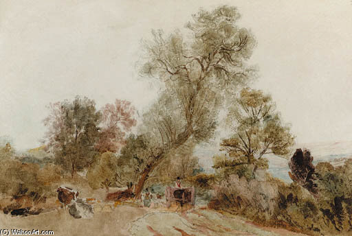 Wikioo.org - The Encyclopedia of Fine Arts - Painting, Artwork by Peter De Wint - Figures And A Horse And Cart On A Country Track