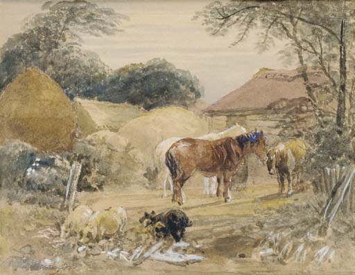 Wikioo.org - The Encyclopedia of Fine Arts - Painting, Artwork by Peter De Wint - Horses And Pigs In A Farmyard