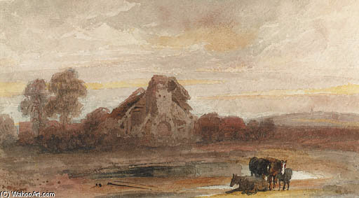 Wikioo.org - The Encyclopedia of Fine Arts - Painting, Artwork by Peter De Wint - Horses Before A Ruined Church, Possibly In Lincolnshire