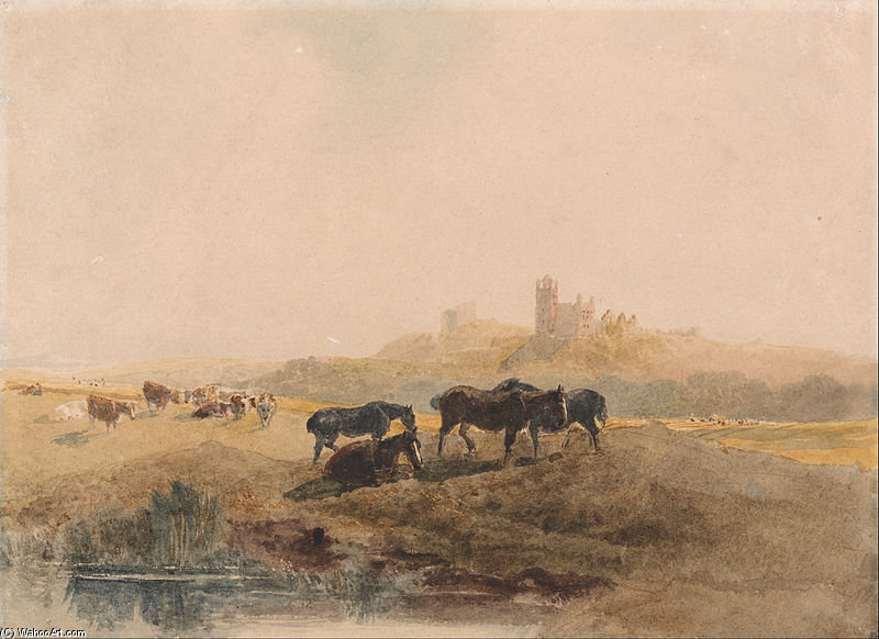 Wikioo.org - The Encyclopedia of Fine Arts - Painting, Artwork by Peter De Wint - Horses Resting In A Meadow Near Bolsover Castle