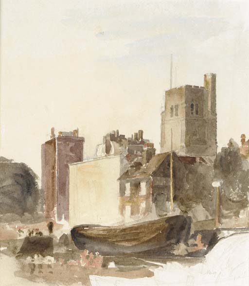 WikiOO.org - Encyclopedia of Fine Arts - Maalaus, taideteos Peter De Wint - Moored Barges Near Lambeth Palace