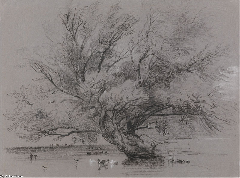 WikiOO.org - Encyclopedia of Fine Arts - Lukisan, Artwork Peter De Wint - Pond With Willow Tree And Ducks