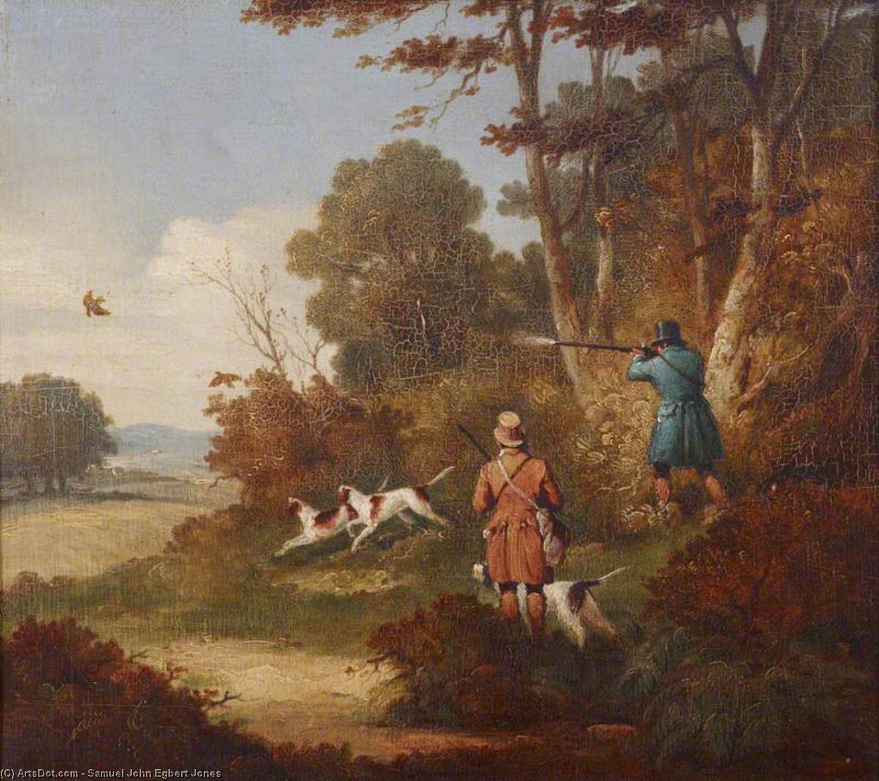 Wikioo.org - The Encyclopedia of Fine Arts - Painting, Artwork by Samuel John Egbert Jones - Woodcock-shooting - Two Men With Three Dogs