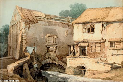 Wikioo.org - The Encyclopedia of Fine Arts - Painting, Artwork by Samuel Prout - Anglers Fishing Before A Derelict Watermill