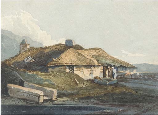 WikiOO.org - Encyclopedia of Fine Arts - Maleri, Artwork Samuel Prout - Figures Before A Thatched Cottage, Devon
