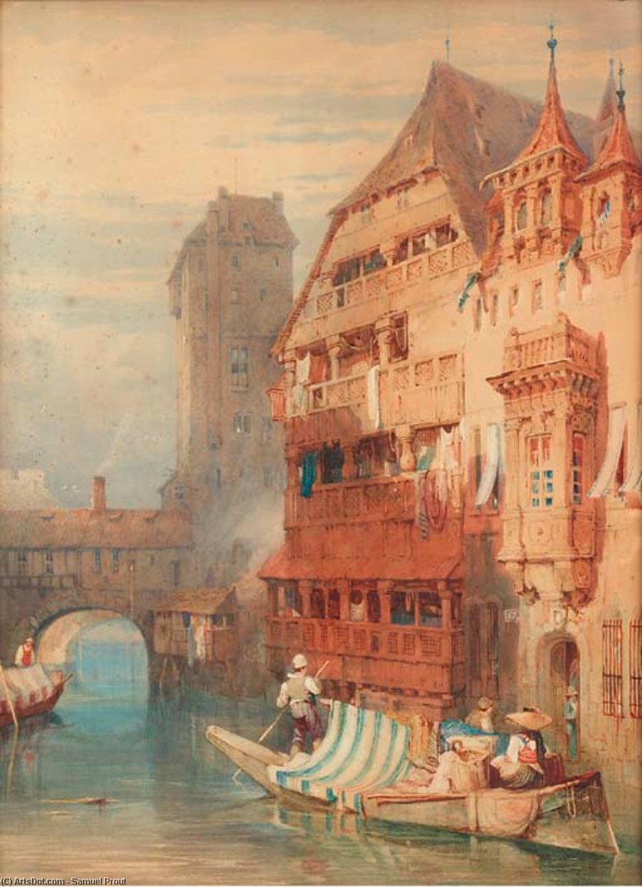 Wikioo.org - The Encyclopedia of Fine Arts - Painting, Artwork by Samuel Prout - Figures Unloading A Barge On The River Pegnitz, Nuremberg