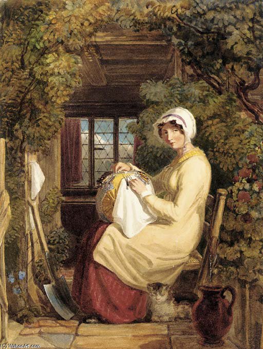 Wikioo.org – L'Enciclopedia delle Belle Arti - Pittura, Opere di Thomas Uwins - una donna seduti in Un Porta merletto con una Gatto a lei Piedi