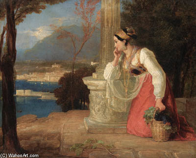 Wikioo.org - The Encyclopedia of Fine Arts - Painting, Artwork by Thomas Uwins - Castellamare - A Neapolitan Girl Kneeling By A Column, Holding A Basket Of Fruit, With A View Of The Harbour Below