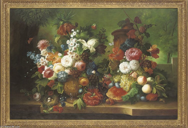 Wikioo.org - The Encyclopedia of Fine Arts - Painting, Artwork by Thomas George Webster - Hollyhocks, Roses And Other Flowers In A Vase