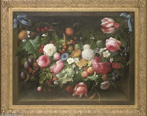 WikiOO.org - Encyclopedia of Fine Arts - Schilderen, Artwork Thomas George Webster - Peonies, Roses, Delphiniums, Poppies And Other Flowers, On A Ledge