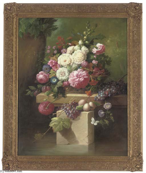Wikioo.org - The Encyclopedia of Fine Arts - Painting, Artwork by Thomas George Webster - Pink Peonies, Morning Glory, Hollyhocks, Plums And Grapes