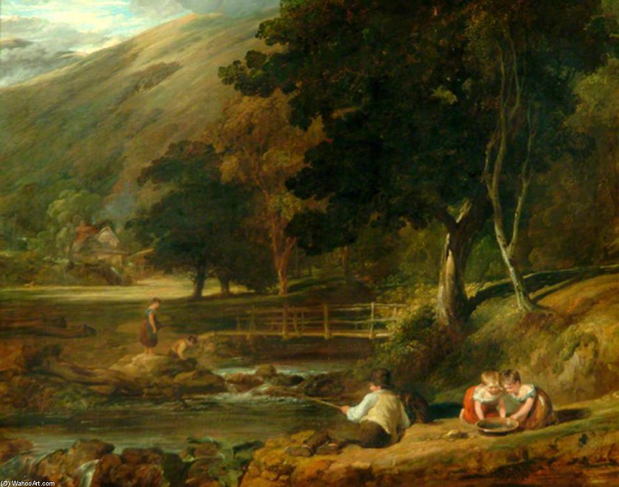 Wikioo.org - Die Enzyklopädie bildender Kunst - Malerei, Kunstwerk von William Collins - Borrowdale, Cumberland, mit Kindern spielen am Ufer eines Baches