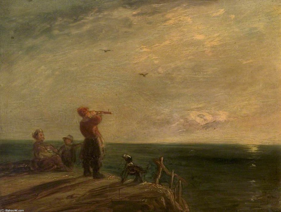 Wikioo.org - The Encyclopedia of Fine Arts - Painting, Artwork by William Collins - Seascape With Figures And Dog, Sunset