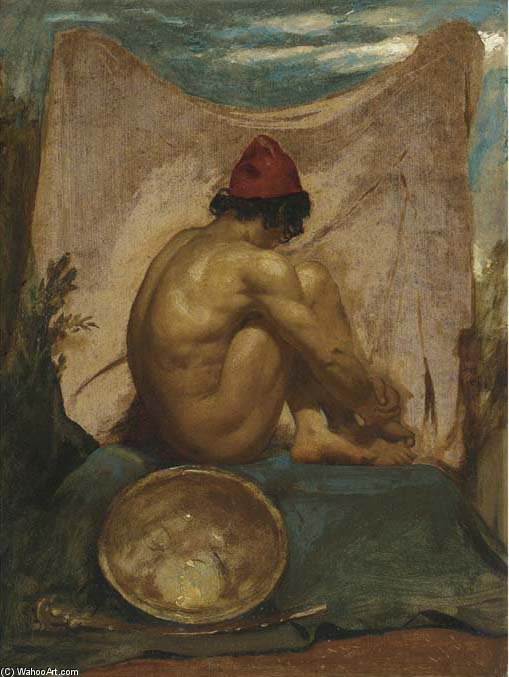 Wikioo.org - The Encyclopedia of Fine Arts - Painting, Artwork by William Etty - A Seated Tajik In An Interior With His Shield And Scabbard At His Side