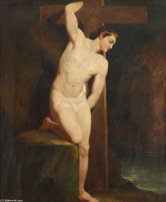 Wikioo.org - The Encyclopedia of Fine Arts - Painting, Artwork by William Etty - Academic Study of a Male Nude in the Same Pose as a Figure in Michelangelo’s ‘Last Judgement’ in the Sistine Chapel, Rome