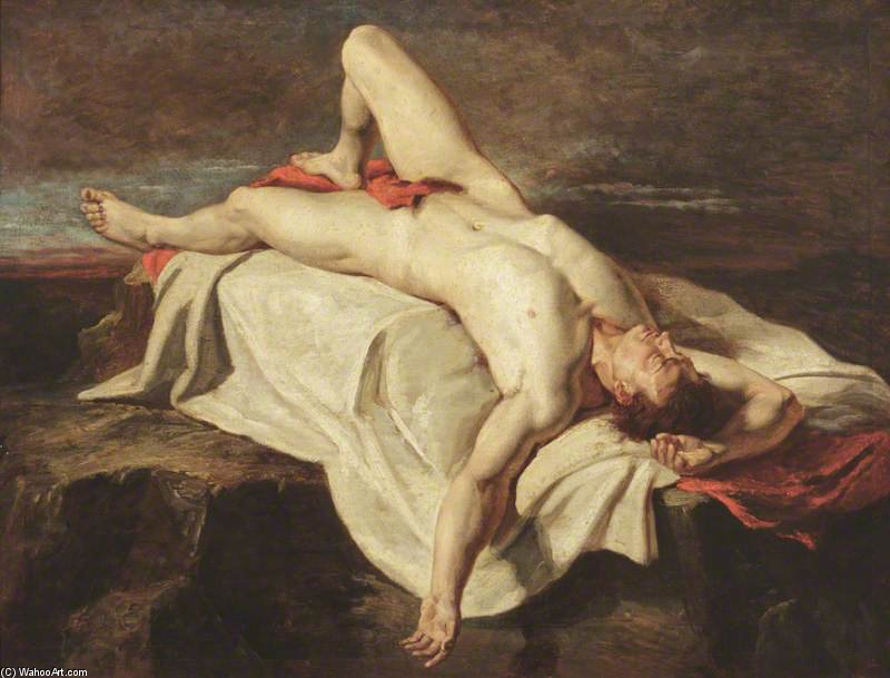 Wikioo.org – L'Enciclopedia delle Belle Arti - Pittura, Opere di William Etty - studio accademico di un nudo maschile sdraiato su Un Sindone sulle rocce