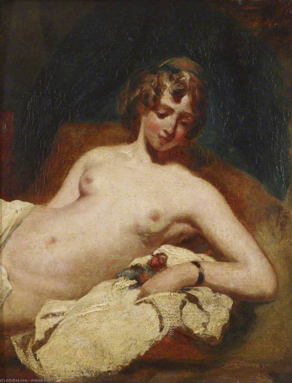 Wikioo.org - The Encyclopedia of Fine Arts - Painting, Artwork by William Etty - Half-figure Of A Reclining Female Nude On Her Side