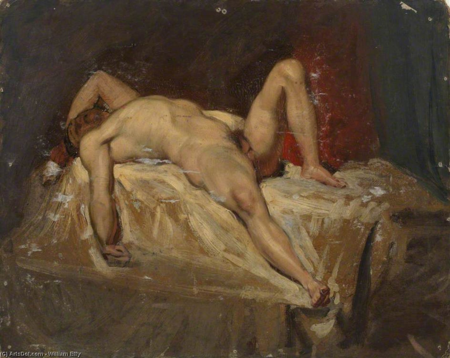 Wikioo.org - The Encyclopedia of Fine Arts - Painting, Artwork by William Etty - Male Nude Lying Down, Raised Left Knee