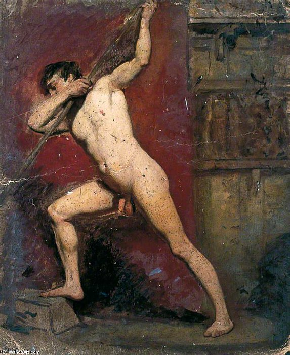 Wikioo.org - The Encyclopedia of Fine Arts - Painting, Artwork by William Etty - Male Nude With Staff -